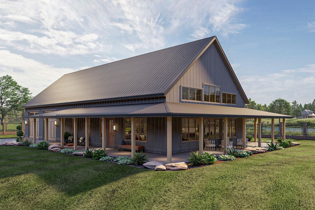 1 Story Barndominium Style House Plan With Massive Wrap Around Porch  - 1200 SQ FT House Plans With Wrap Around Porch