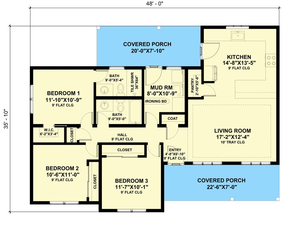 1240 Sq Ft Rustic 3 Bedroom New American Ranch With Large Mudroom  - 1240 SQ FT House Plans