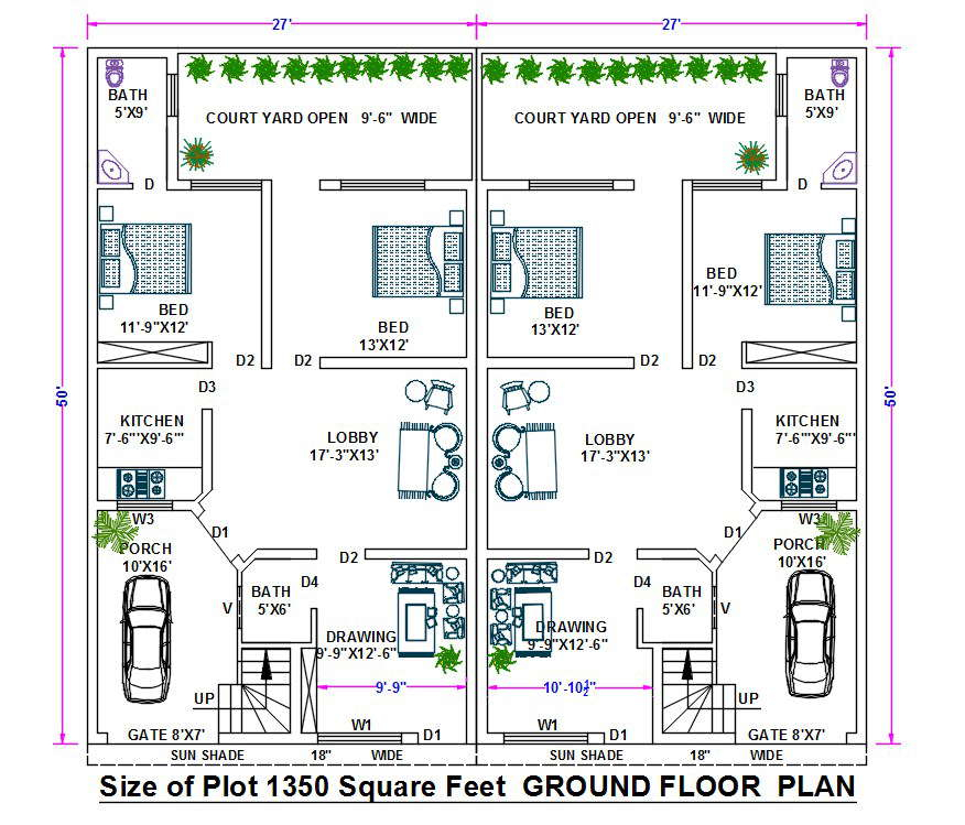 1350 SQFT House Ground Floor Plan With Furnniture Layout Drawing DWG  - 1350 SQ FT House Plan