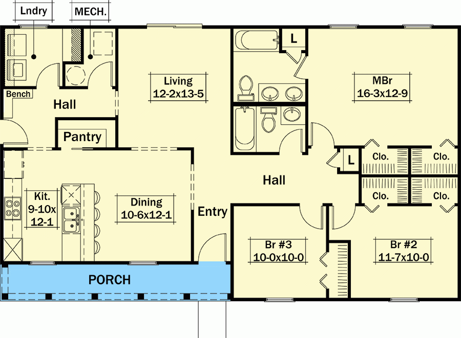 1400 Square Foot 3 Bed Ranch House Plan With 5 Columned Front Porch  - 1400 SQ FT 3 Bedroom House Plans