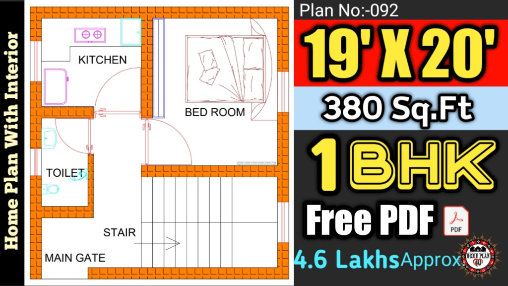 19 X 20 380 Square Feet 1Bhk House Plan No 092 - 380 SQ FT House Plans Designs