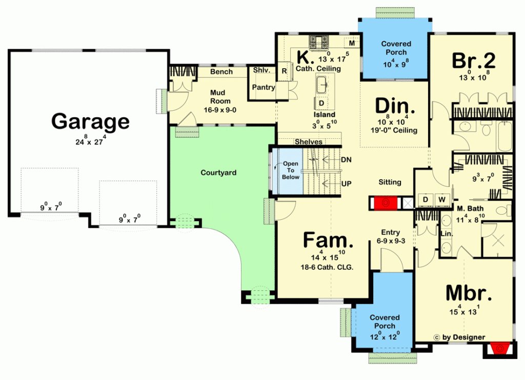 2000 Sq Ft Transitional House Plan With Courtyard And Covered Porch  - 2000 SQ FT House Plans With Courtyard