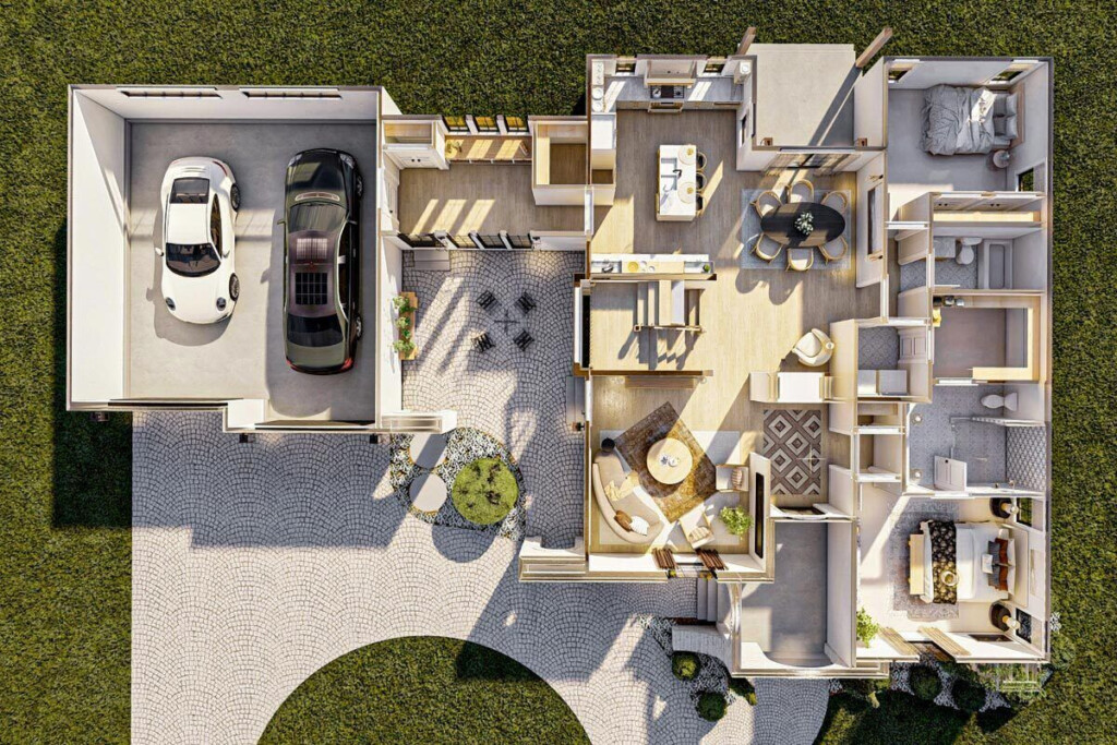 2000 Sq Ft Transitional House Plan With Courtyard And Covered Porch  - 2000 SQ FT House Plans With Courtyard