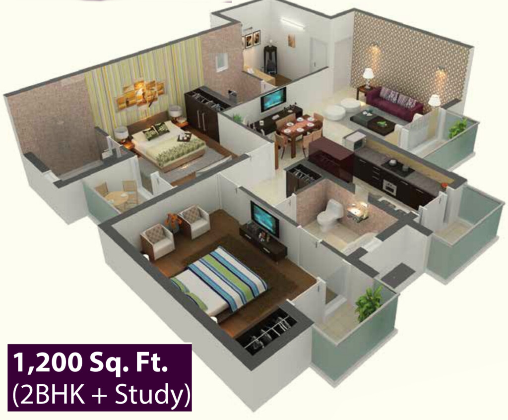 3 Bhk House Plan In 1200 Sq Ft 3d House Poster - 3 Bhk House Plan In 1200 SQ FT 3D