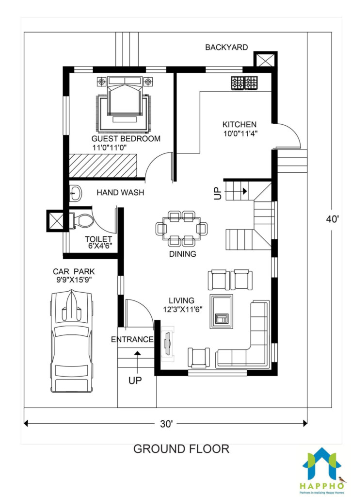 30 X 40 Duplex Floor Plan 3 BHK 1200 Sq ft Plan 028 Happho - 1200 SQ FT 3 Bedroom House Plans