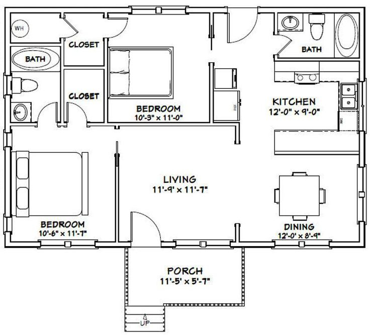 36x24 House 2 Bedroom 2 Bath 864 Sq Ft PDF Floor Plan Etsy Shed  - 864 SQ FT Tiny House Plans