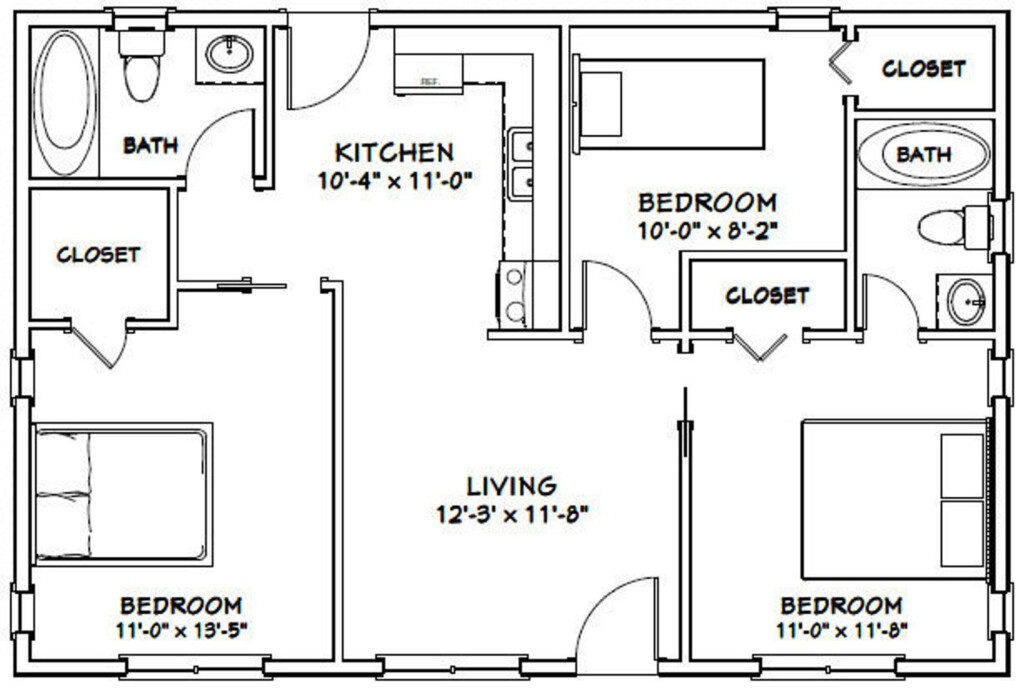 36x24 House 3 bedroom 2 bath 864 Sq Ft PDF Floor Plan Instant Download  - 864 SQ FT Tiny House Plans