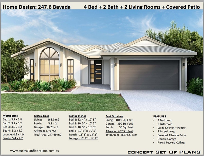 4 Bedroom House Plans 1800 Sq Foot 168 M2 Raked Celing 4 Etsy - 4 Bedroom House Plans 1800 SQ FT