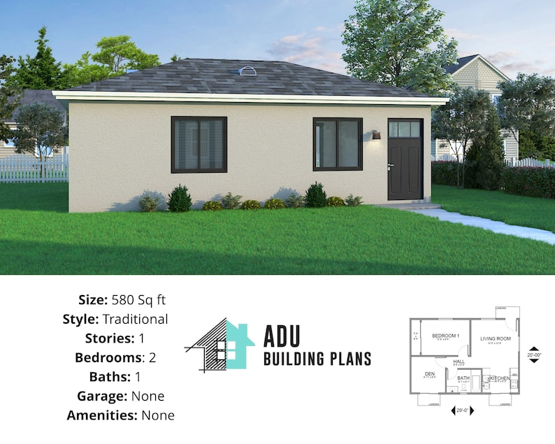 580 Square Foot 2 Bed 1 Bath House Construction Plans For Sale PDF  - 580 SQ FT House Plan