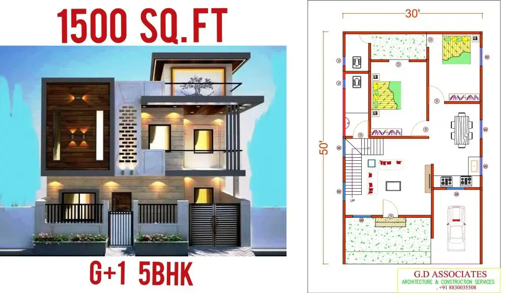 5BHK 1500 Sq Ft House Plans With Beautiful 3D Elevation G D ASSOCIATES - House Plan 1500 SQ FT