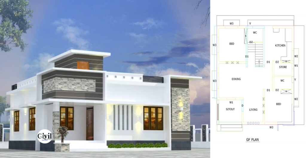 700 Sq Ft 2BHK Contemporary Style Single Storey House And Free Plan  - 2Bhk House Plan In 700 SQ FT