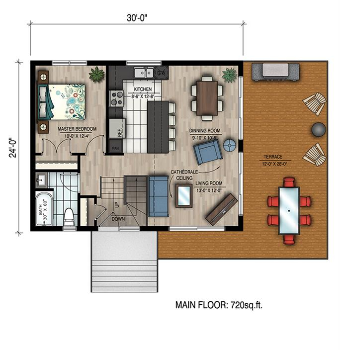 720 Sq Ft Small Contemporary House Plan 1 Bedroom 1 Bath - 720 SQ FT House Plan