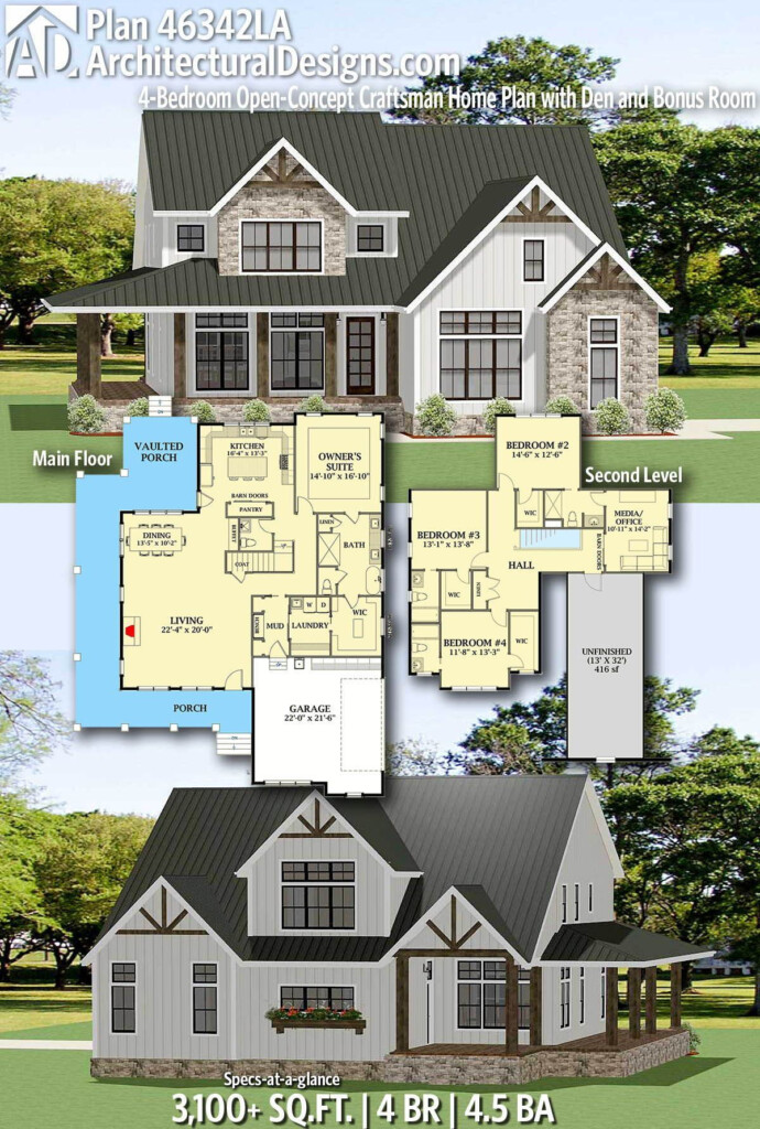 Architectural Designs Craftsman Home Plan 46342LA Gives You 4 Bedrooms  - 5 Bedroom 4 Bathroom House Plans Under 3100 SQ FT