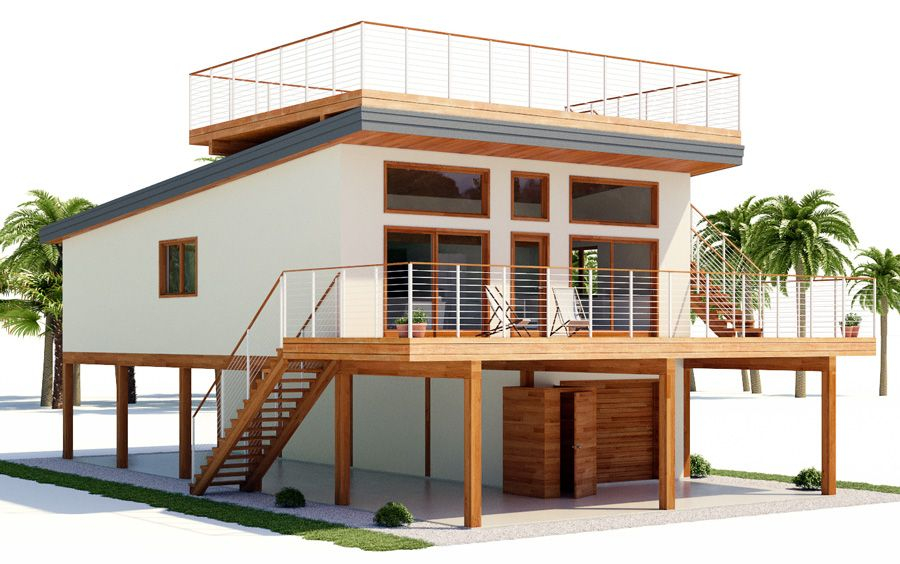 Beach House Plan Three Bedrooms Open Planning Raised Pile Foundation  - 1000 SQ FT Beach House Plans