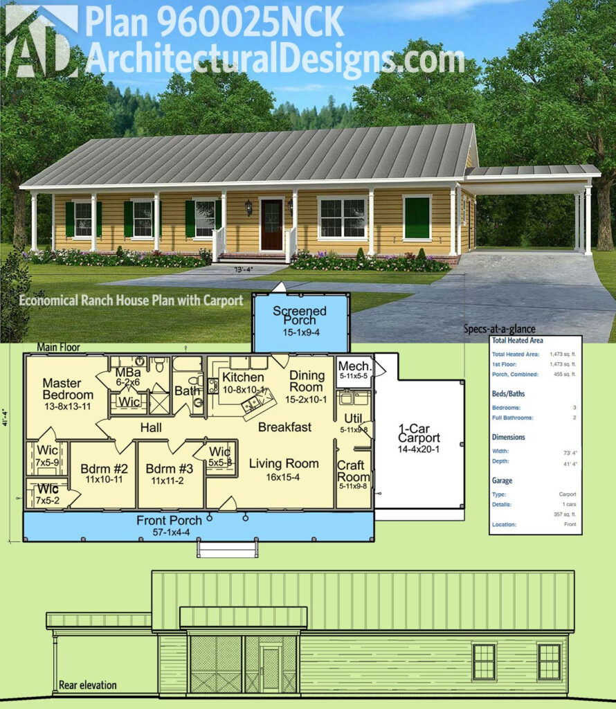 Plan 960025NCK Economical Ranch House Plan With Carport Ranch House  - 1400 SQ FT House Plans With Carport