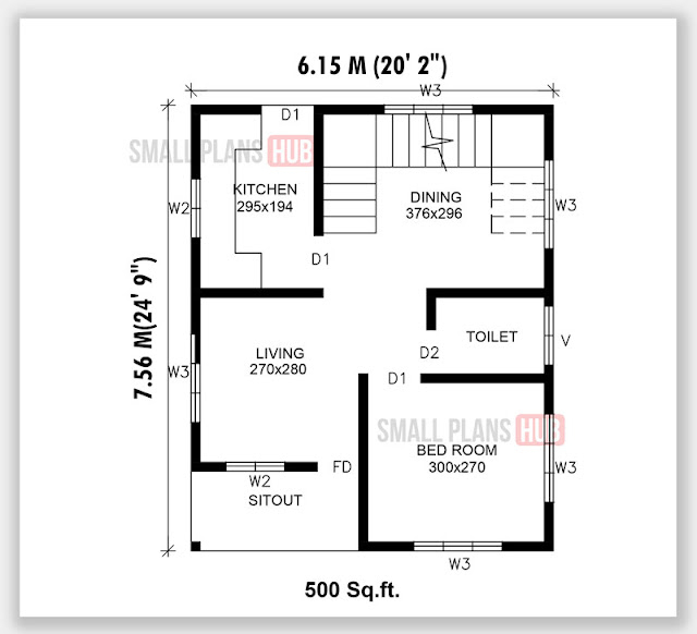 Single Bedroom House Plans With Staircase Under 500 Sq ft For 120 Sq  - 1 500 SQ FT House Plans