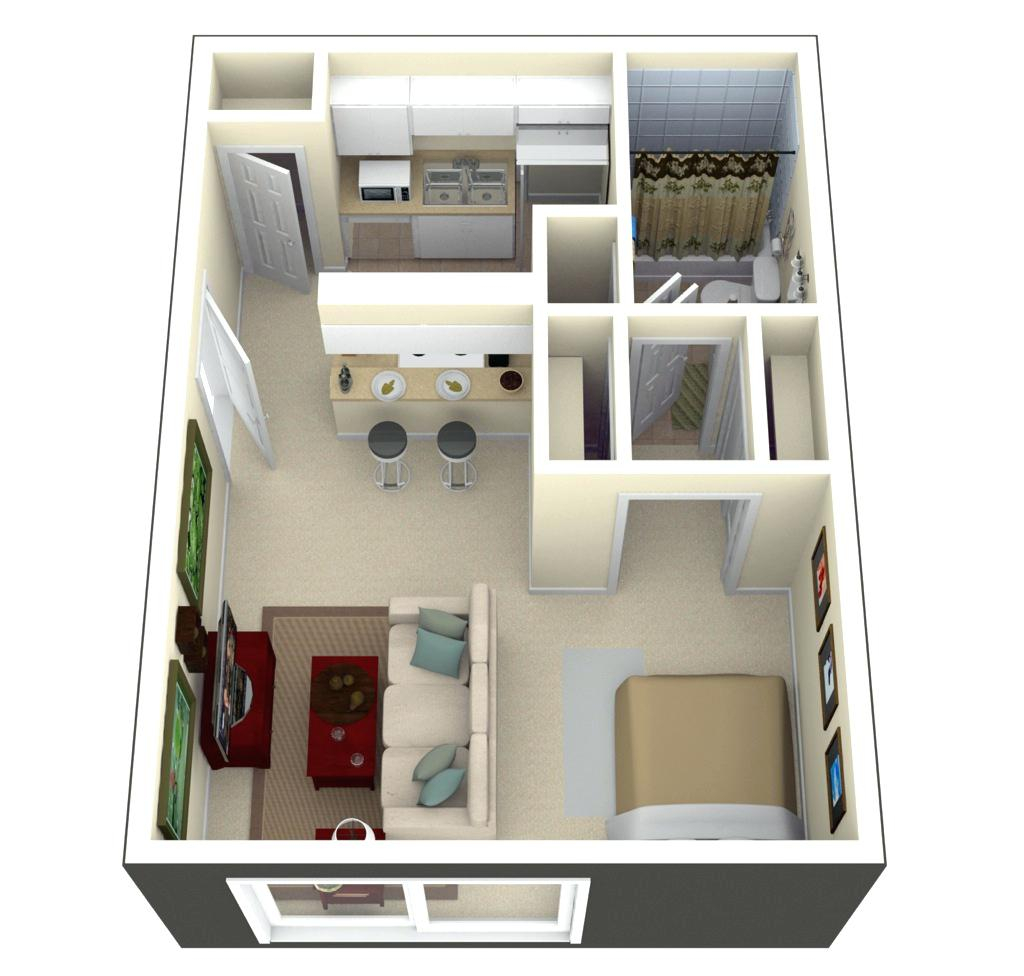 Tiny House Floor Plans And 3d Home Plan Under 300 Square Feet Acha Homes - 300 SQ FT House Plans 1 Bedroom