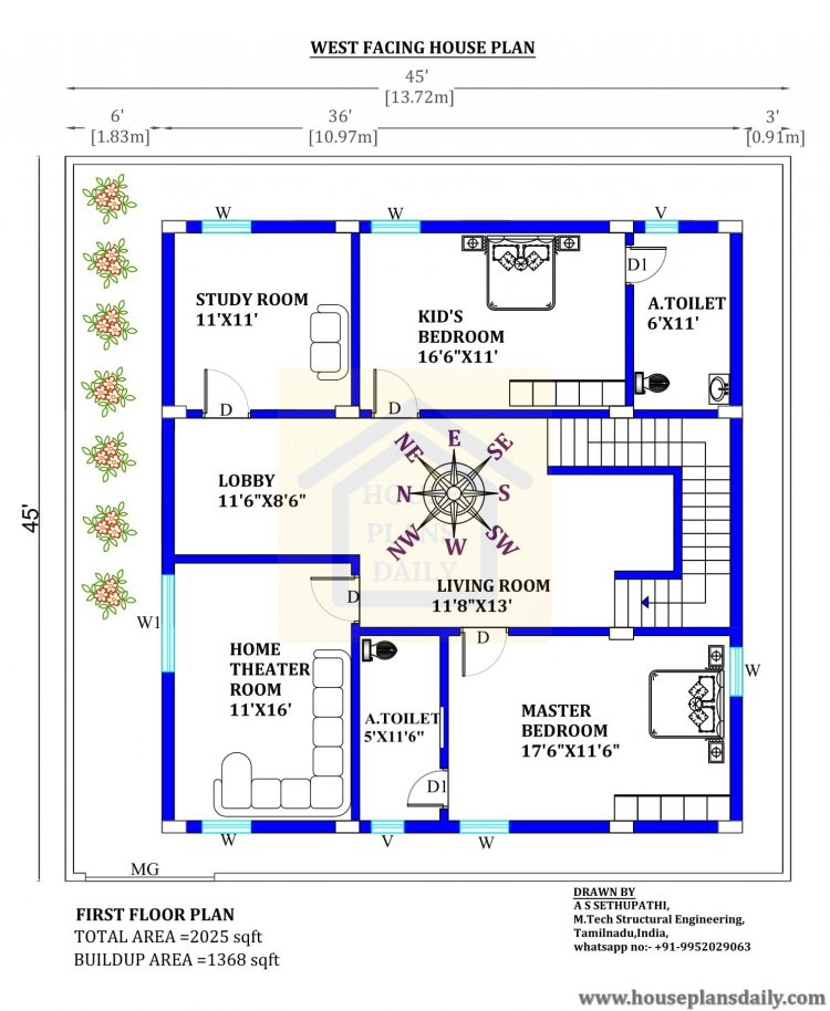 West Facing Home 3BHK Duplex House Duplex Floor Plan House Plans  - 20400 SQ FT House Plans